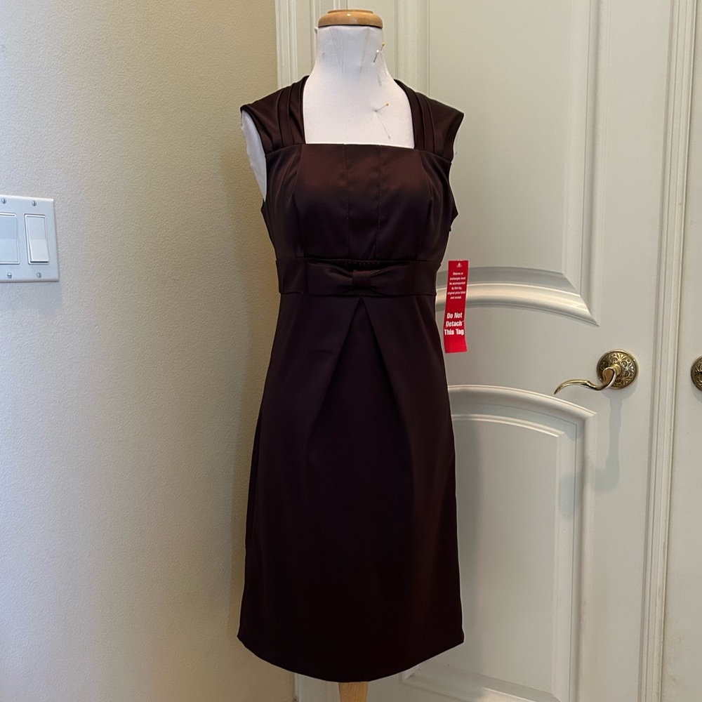 New BCBG chocolate brown stretch satin dress with bow detail .